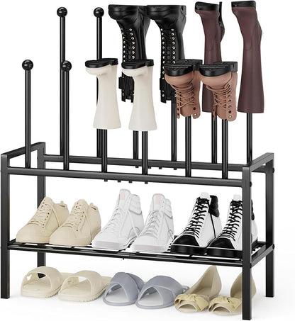 Freestanding Shoe Racks - 3 Tier Metal Boot Rack with 12 Long Posts Holds 6 Pairs Tall Boots, Shoe Storage Organizer for Entryway Closet Bedroom Hallway Indoor Outdoor