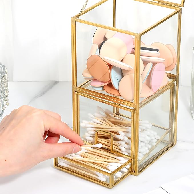 Glass Qtip Holder with Lid, Elegant Glass Q Tip Holder for Bathroom Countertop Organization, 2-Tier Cotton Ball Swab Dispenser with Gold Frame Makeup Pad Cosmetic Storage Case for Vanity Dresser