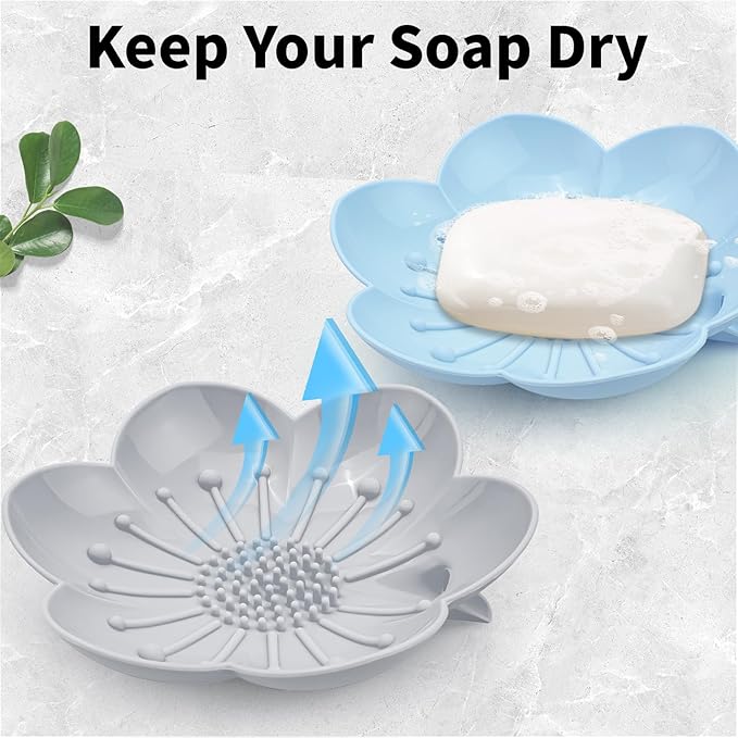Soap Dishes 2 Pack Self Draining XL Flexible Bar Holder for Shower Steamer, Silicone Flower Soap Saver Tray for Counter Bathtub Sink Bathroom Decor with Drainage -Mirror Surface Easy Clean, Grey/Blue