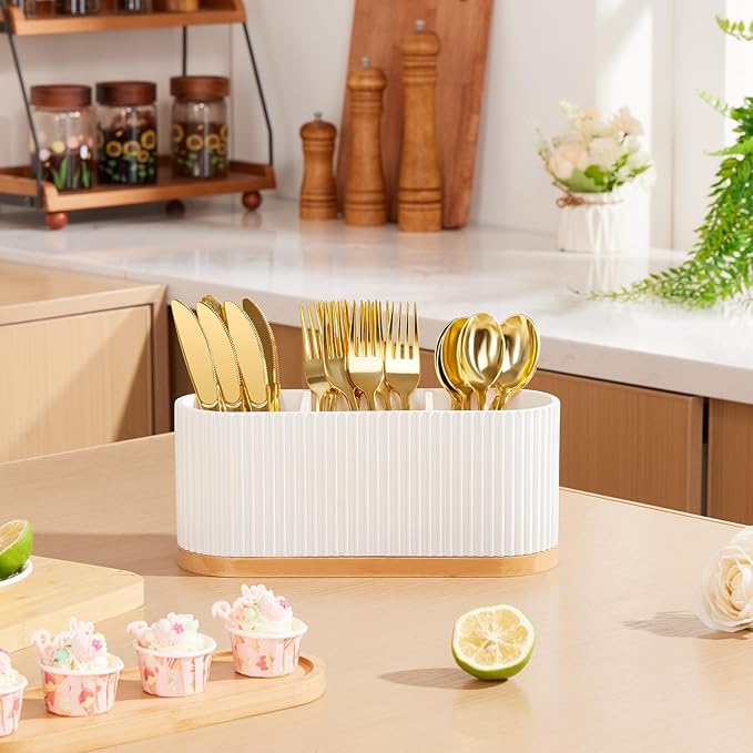 HouseJoy Countertop Silverware Holder, Silverware Caddy Organizer Holder for Forks, Spoons, Knives, Cutlery Caddy with 3 Compartments, Kitchen Utensil Holder for Party, Countertop