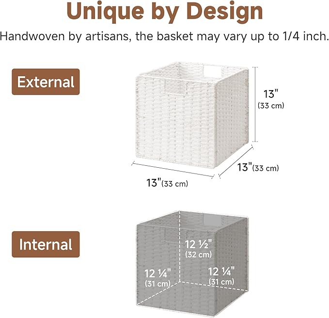 StorageWorks 13 inch Wicker Storage Baskets, Foldable Handwoven Wicker Basket for Organizing, Paper Rope Square Storage Cubes, White, 2 Pack