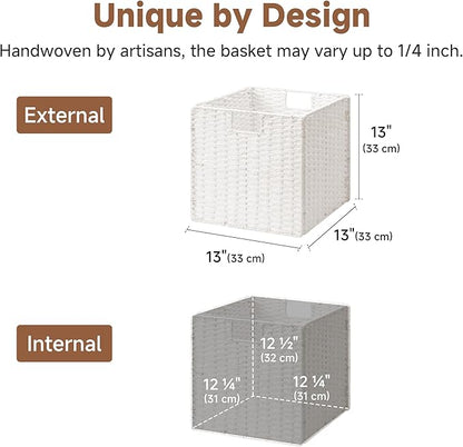StorageWorks 13 inch Wicker Storage Baskets, Foldable Handwoven Wicker Basket for Organizing, Paper Rope Square Storage Cubes, White, 2 Pack
