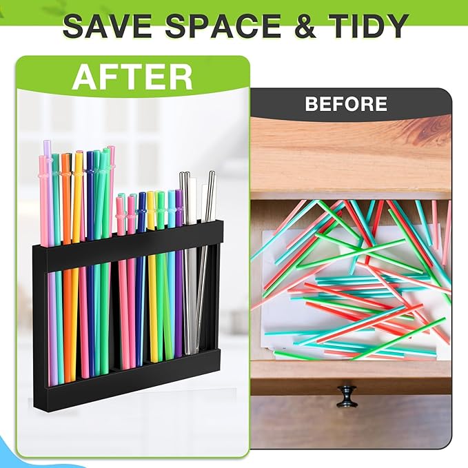 Qinyoung Wooden Straw Holder for Cabinet Door with Double Sided Adhesive Tape Tumbler Straw Organizer for Cupboard Reusable Tumbler Storage Container for Kitchen Counter(Black)