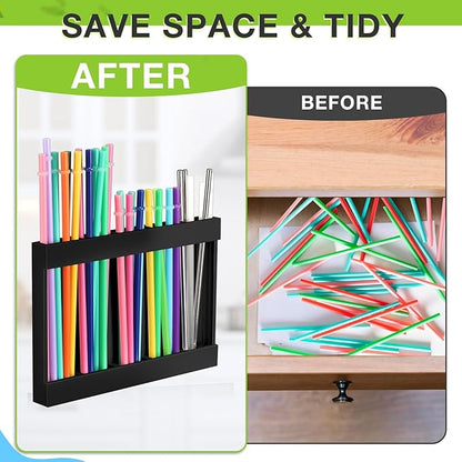 Qinyoung Wooden Straw Holder for Cabinet Door with Double Sided Adhesive Tape Tumbler Straw Organizer for Cupboard Reusable Tumbler Storage Container for Kitchen Counter(Black)