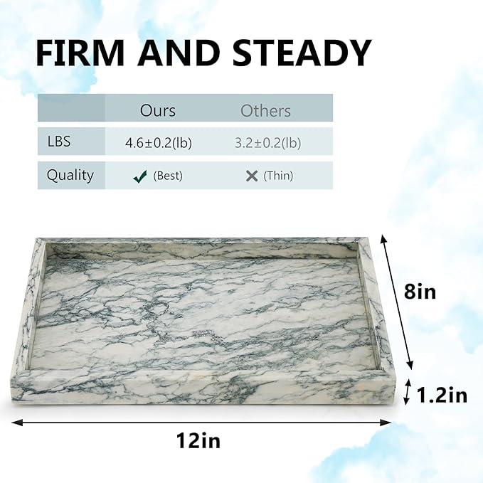 Real Natural Marble Tray for Bathroom, Vanity, Kitchen and Desktop, Rectangle Genuine Marble Stone Tray for Jewelry, Cosmetics, Candles, Lotion, Perfume (Cyan-Green, 12" x 8" x 1.2")