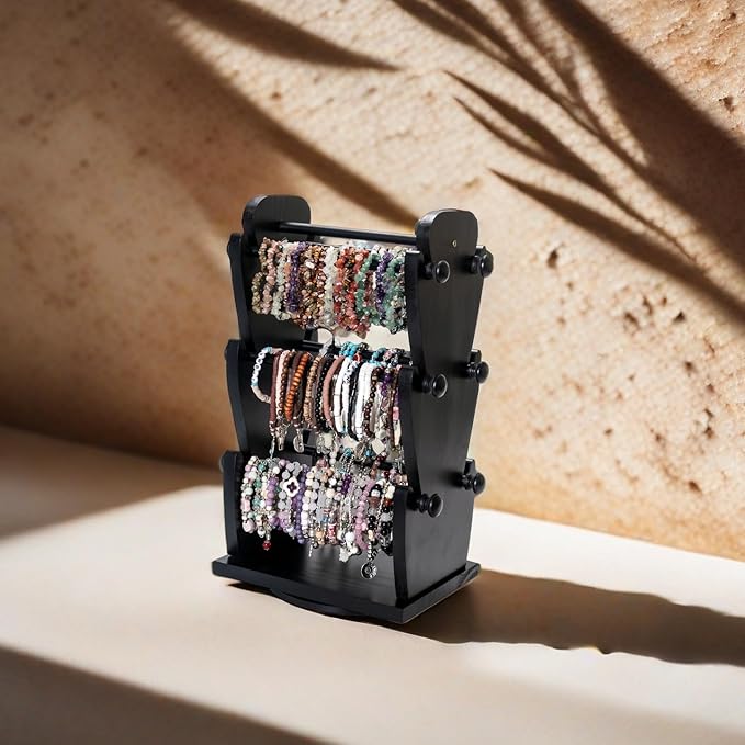 Two-Sided Rotating Wooden Jewelry Bracelet Holder Stand – 3-Tier Display with 6 Removable Bars for Bracelets, Bangles, Watches & Accessories – Black Wooden Organizer for Home or Retail Showcase