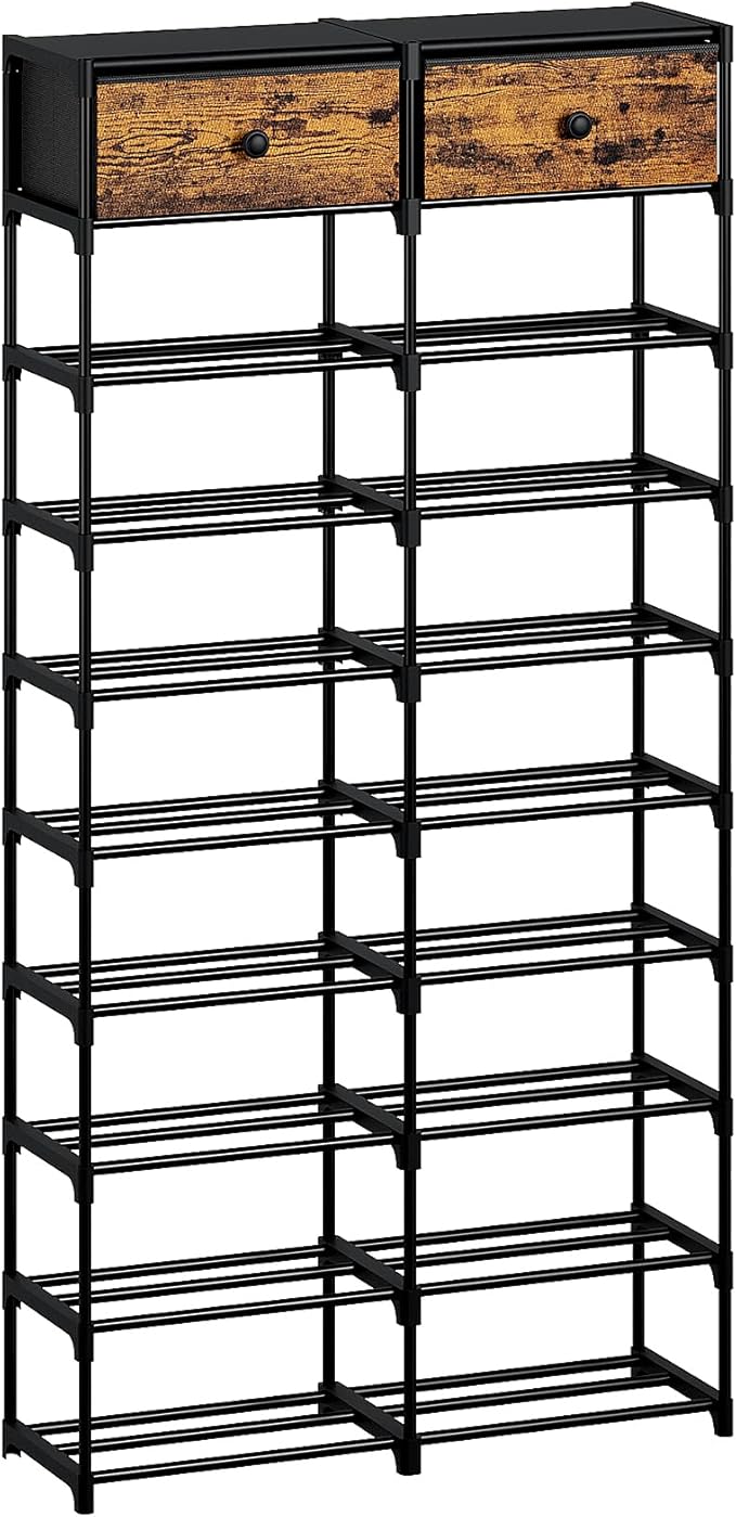 Tall Shoe Rack, 10 Tier Large Shoe Rack Organizer with 2 Drawers, Shoe Storage for 36-40 Pairs, Sturdy Metal Shoe Shelf Shoe Stand for Closet Entryway, Rustic Brown and Black