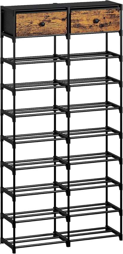 Tall Shoe Rack, 10 Tier Large Shoe Rack Organizer with 2 Drawers, Shoe Storage for 36-40 Pairs, Sturdy Metal Shoe Shelf Shoe Stand for Closet Entryway, Rustic Brown and Black