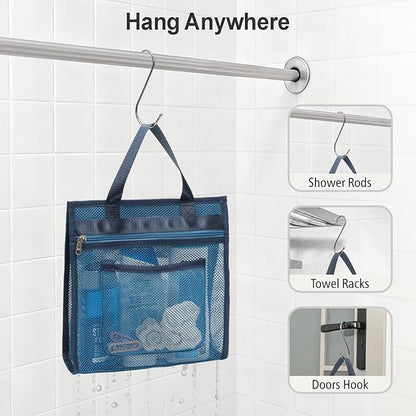F-color Mesh Shower Caddy Portable Hanging - 3 Pockets Small Shower Bag Tote for Camping, Gym, Travel, Toiletry, Quick Dry Bathroom Essentials with S Hook, Navy Blue