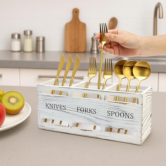 Farmhouse Wooden Utensil Caddy Party Cutlery Silverware Holder Small Wood Utensil Holder for Kitchen Counter Decor Flatware Cutlery Organizer Table Flatware Silverware Caddy Spoon and Fork Organizer