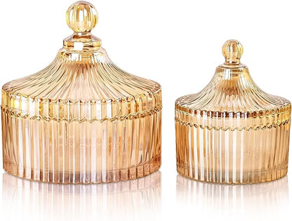 R FLORY 2 Pack Qtip Holder Apothecary Jars with Lids Glass Q Tip Holder for Bathroom Set Decorative Jars Crystal Bowl Jar Organizer for Cotton Swabs, Balls, Pads, Floss Picks (Amber,10+24oz)