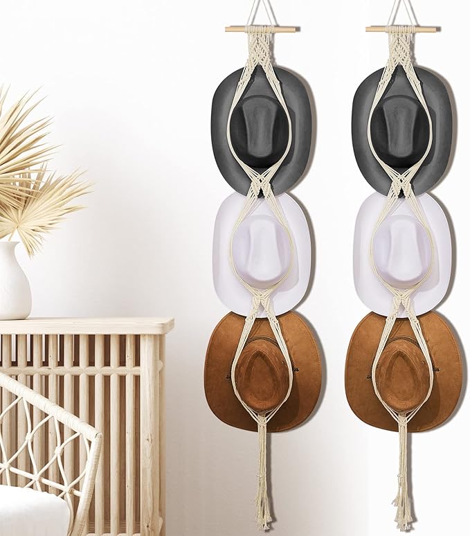 Hat Organizer Bohemian Hat Wall Hanging Wooden Hat Hooks Boho Hat Hangers for Wall Hanging Hat Display Hand Weaving Hat Rack Decorative Cap Holder for Wide Brim and Fedoras Baseball Caps (2 Pieces)