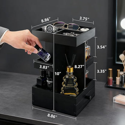 Rotating Cologne Organizer for Men – Black Wooden Perfume Stand with Dual Drawers, Multi-Tier Fragrance Display & Jewelry Storage for Dresser or Bathroom