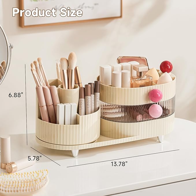 Makeup Organizer Countertop for Vanity with 360° Rotating Brush Holder, 3 Layer Cosmetic and Jewelry Storage, Makeup Display Case for Skincare&Perfume (Cream White)