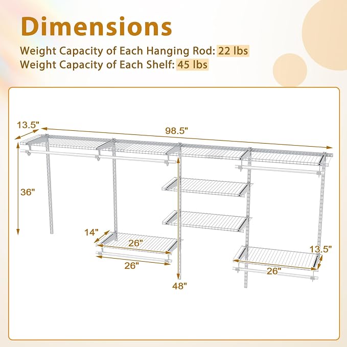 Tangkula 4 to 8 FT Custom Closet System, Wall Mounted Closet with Hanging Rod, Metal Hanging Storage Organizer Rack Wardrobe with Shelves, Adjustable Closet System Kit for Bedroom (White)