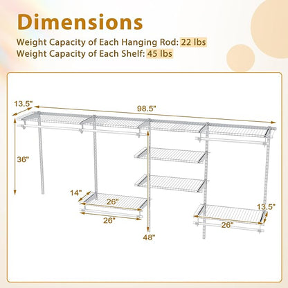Tangkula 4 to 8 FT Custom Closet System, Wall Mounted Closet with Hanging Rod, Metal Hanging Storage Organizer Rack Wardrobe with Shelves, Adjustable Closet System Kit for Bedroom (White)