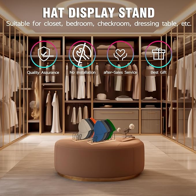 UdoUto Hat Organizer for Baseball Caps-2 PacK | Wood & Metal Hat Rack Holds 14 for Baseball Caps | Space-Saving Closet Shelf Organizer for Bedroom, Dresser, Entryway