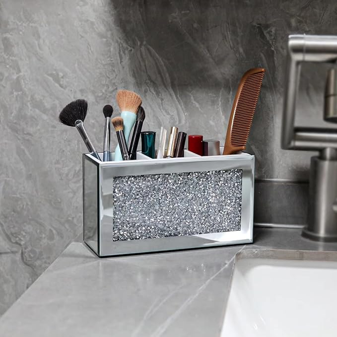 Silver Makeup Brush Holder Organizer, Bling 3 Slot Crushed Diamond Crystal Mirrored Cosmetic Brushes Storage, Eyeliners Eyebrow Pencil Display Case