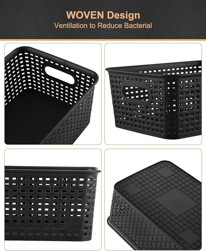 Storage Bins Plastic Storage Baskets With Lid Small Baskets for Organizing Stackable Storage Container Organizer Bins for Shelves Drawers Desktop Playroom Classroom Office, 6 Pack,Black