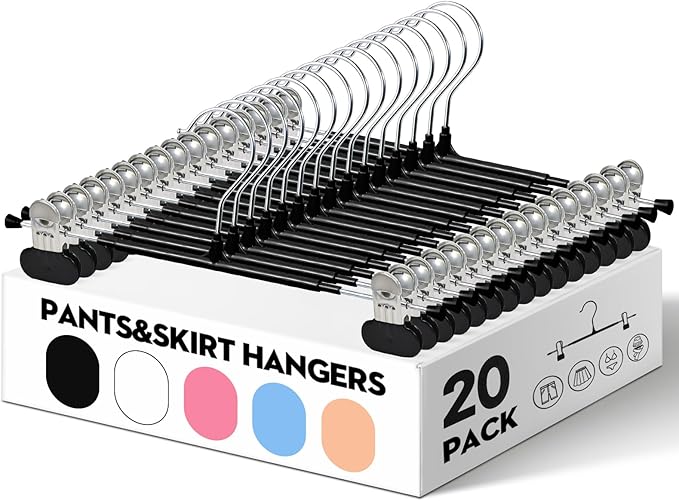 HUADYMEET 20 Pack 12Inch Pants Hangers with Wide Clips,Metal Trouser Hanger for Jeans.Space Saving Skirt Hangers Heavy Duty Non-Slip Adjustable Clothes Shorts Hanger for Women,Men,Black