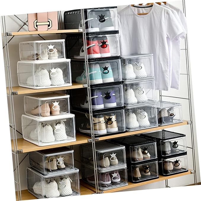 Outanaya 5pcs Shoe Storage Bin Foldable Plastic Shoe Boxes Breathable Loop for Easy Access