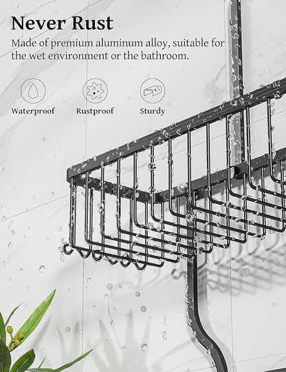 YASONIC Never-Rust Aluminum Hanging Shower Caddy – Over-the-Showerhead Organizer with 10 Hooks for Razor and Sponge – Includes Soap Basket – Black