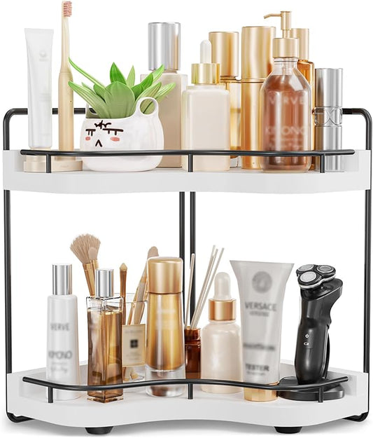 2-Tier Corner Bathroom Counter Organizer with Embedded Screw Holes, Secure & Stable Wood Vanity Shelf for Makeup and Skincare Essentials - Space Saving Bathroom Countertop Storage, White