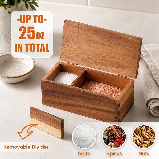Vespara Acacia Wood Salt Cellar Spice Box with Flip Lid Storage, Large Capacity Salt Box for Kitchen, Gourmet Salts, Spices, Grilling & Cooking(3 natural)