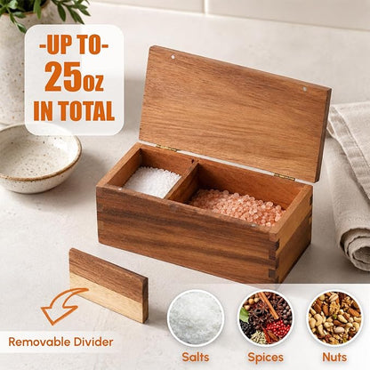 Vespara Acacia Wood Salt Cellar Spice Box with Flip Lid Storage, Large Capacity Salt Box for Kitchen, Gourmet Salts, Spices, Grilling & Cooking(3 natural)