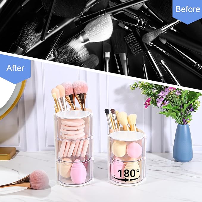 DASITON 2-Layer Makeup Brush Holder with Hair Accessories Organizer, Rotatable Desktop Organizer Case for Hair Clip, Makeup Sponge, Jewelry and Hair Accessories, Hair Brush Holder for Vanity (White)