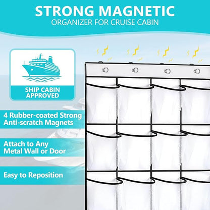 Esoes Cruise Ship Magnetic Door Organizer, 24 Pockets Magnetic Behind the Door Shoe Rack-4 Strong Anti-Scratch Magnets, Over the Door Organizer Cruise Essentials Storage for Cruise Cabin Travel