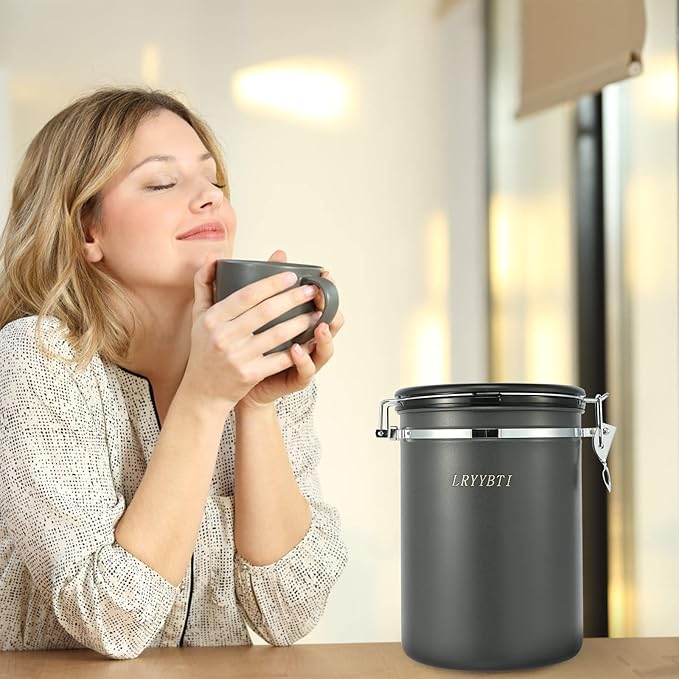38oz Airtight Coffee Canister,Stainless Steel Coffee Bean Storage Container with Scoop Date Tracker & CO2 Release Valve for Beans, Grounds and more- Gray