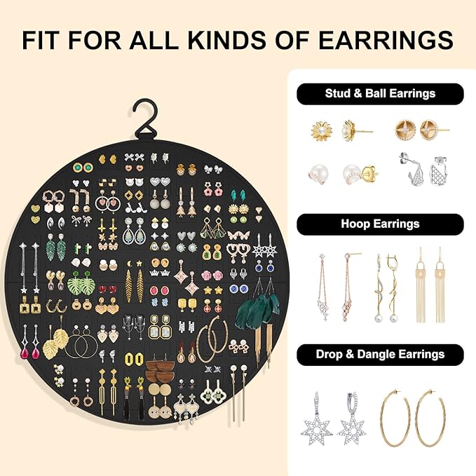 Earring Organizer, Hanging Earring Holder Holds Up to 128 Pairs, Stud Earring Organizer Storage, Round Earring Display Earring Holder Organizer for Women Girls-Black A