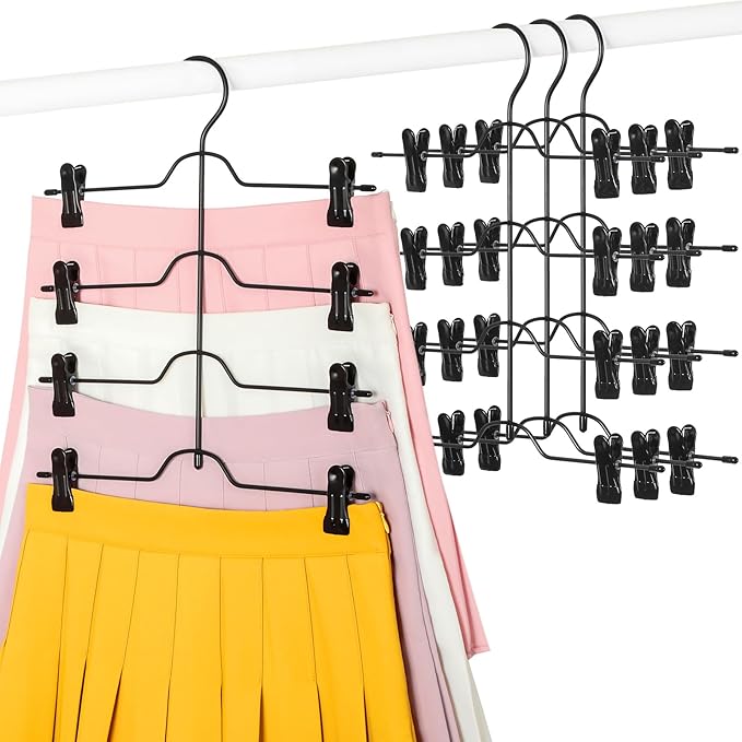 TOPIA HANGER 4 Tier Black Skirt Hangers for Women, Pants Hanger Space Saving with Adjustable Clips, Save 80% More Space, Clip Hanger for Slacks, Trousers, Shorts, Jeans, Towels, 4-Pack, CT75B