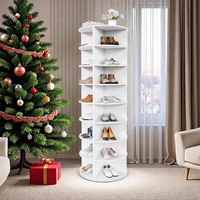 Shoe Organizer 8-Tier Spinning Shoe Rack - 360° Rotating Storage Organizer for 20-32 Pairs, Space Saving Narrow Design for Entryway/Closet Closet Handbag Display Rotate (White-8)