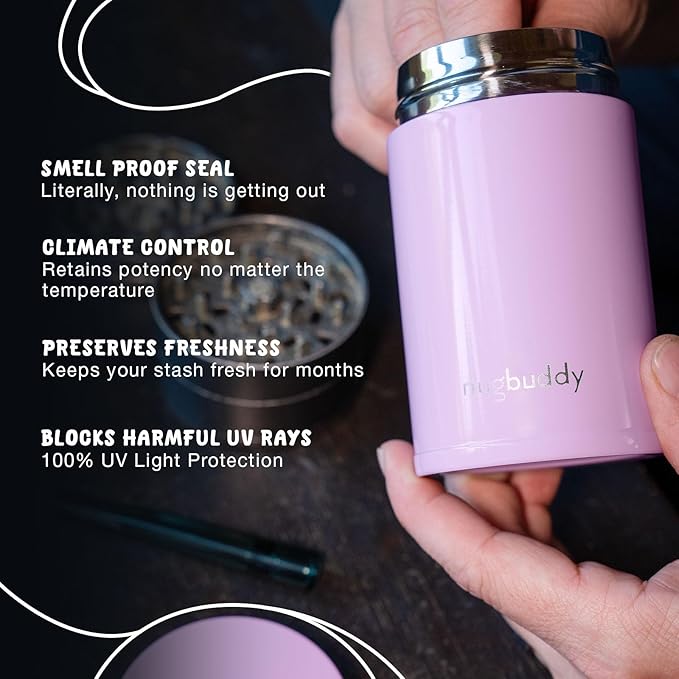 nugbuddy Mini Airtight Storage Container - Vacuum Sealed Insulated w Nested Glass Jar - UV Protection, Temperature Controlled Stainless - Whiteboard Finish w Marker Included - 100 ml (1/4 Oz)