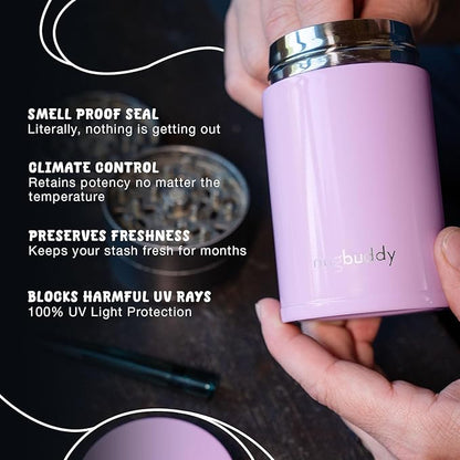 nugbuddy Mini Airtight Storage Container - Vacuum Sealed Insulated w Nested Glass Jar - UV Protection, Temperature Controlled Stainless - Whiteboard Finish w Marker Included - 100 ml (1/4 Oz)