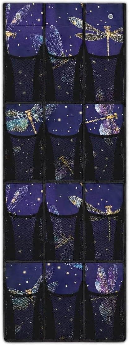 Glowing Dragonfly Over Door Hanging Organizer, 12 Glow-in-the-Dark Mesh Pockets for Night Visibility, Perfect for Dorm Room & Apartment Bathroom Storage