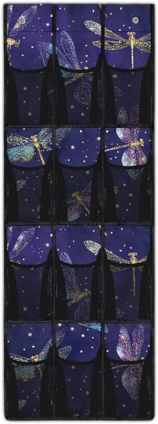 Glowing Dragonfly Over Door Hanging Organizer, 12 Glow-in-the-Dark Mesh Pockets for Night Visibility, Perfect for Dorm Room & Apartment Bathroom Storage