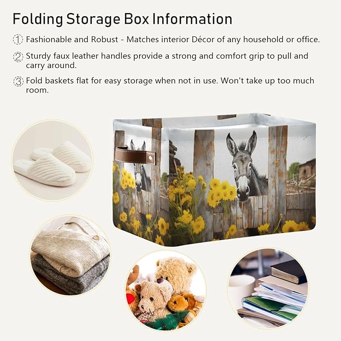 Storage Basket Donkey with Yellow Flowers Durable Canvas Collapsible Toy Box Organizer Bin with Handles for Shelf Closet Bedroom Home Office