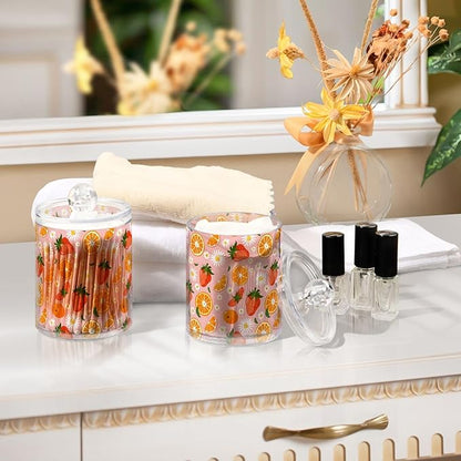 ALAZA 2pcs Strawberry Orange Fruit Daisy Flower Qtip Holder Dispenser 14 oz Bathroom Storage Clear Apothecary Jars Containers Cotton Ball,Cotton Rounds,Floss Picks, Hair Clips, Food