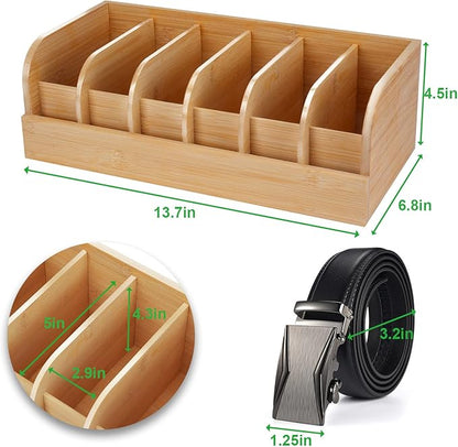 GTI Belt Organizer, 2pcs 6 Compartments Belt Organizer for Closet and Drawer, Bamboo Display Case for Tie and Belt, Belt Holder Storage Organizer for Men Women (Wooden)