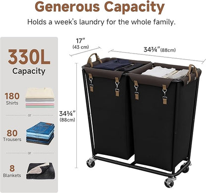 StorageWorks 330L Extra Large Laundry Hamper with Wheels, Laundry Basket with Wheels 2 Sections, Clothes Sorter Cart with Divider for Hotel, Home, Black, 1-Pack