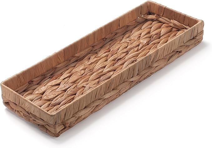 Woven Bathroom Vanity Tray for Storage Water Hyacinth Back of Toilet Basket Long Narrow Guest Towel Holder (Natural 16.3 x 6.1 x 2 inch)