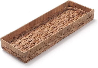 Woven Bathroom Vanity Tray for Storage Water Hyacinth Back of Toilet Basket Long Narrow Guest Towel Holder (Natural 16.3 x 6.1 x 2 inch)