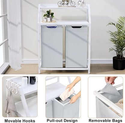 Timberer Laundry Hamper, Laundry Sorter 2 Section, Rolling Laundry Basket with Wheels, 2 Shelves, 2 × 14.5 Gal, Pull-Out and Removable Oxford Fabric Bags, for Laundry Room, White and Grey