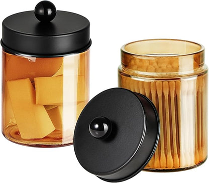 3 Pack Apothecary Jar Canisters Bathroom Vanity Organizer - Qtip Holder Storage Organizer Set Countertop Canister with Stainless Steel Lids &Cute Stickers for Qtips,Cotton Swabs,Makeup Sponges,Floss