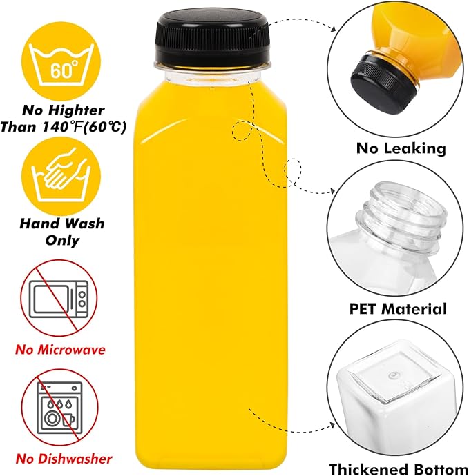 BAKHUK 10pcs 12oz Empty Plastic Juice Bottles with Caps, Plastic Water Bottles with Lids, Reusable Clear Bulk Beverage Containers for Juice, Milk and Other Beverages