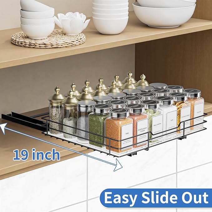 BOIVSHI Spice Rack Organizer for Cabinet, 1 Tier Pull Out Spice Rack, Spice Organizer for Cabinet, Kitchen and Pantry, Fits Spices, Sauces, Canned Food (12.5''Wx10.5''Dx2.5''H)