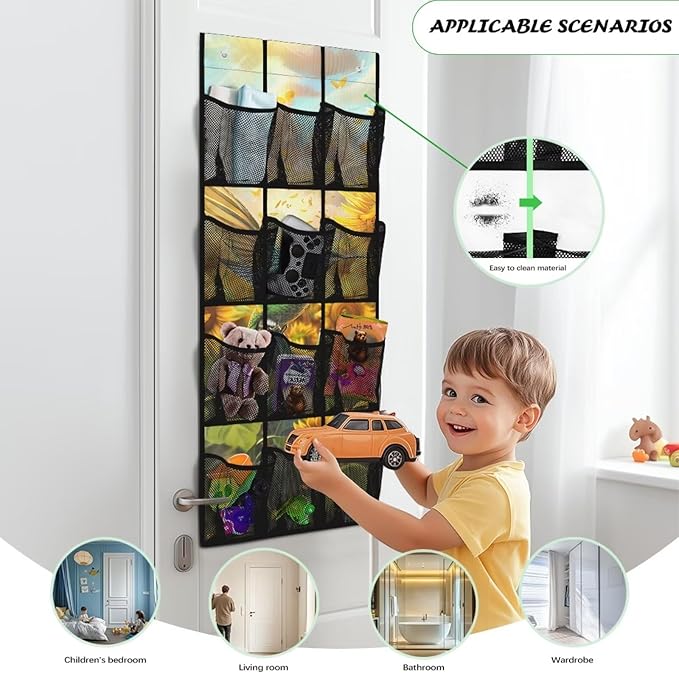 Sunflower Bird Over the Door Hanging Organizer for Closet - Large Storage Bags with Metal Hooks, Space Saving Home Organization